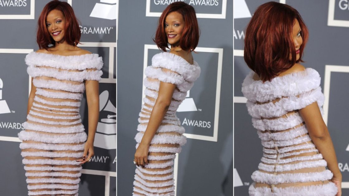 Fourth Grammy Red Carpet Appearance, Rihanna Stepped Out In A White Frill And Semi-sheer Gown